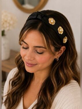 Black Satin Knotted Headband with Gold Floral Pearl Accents Y2K Boho Bridal NEW